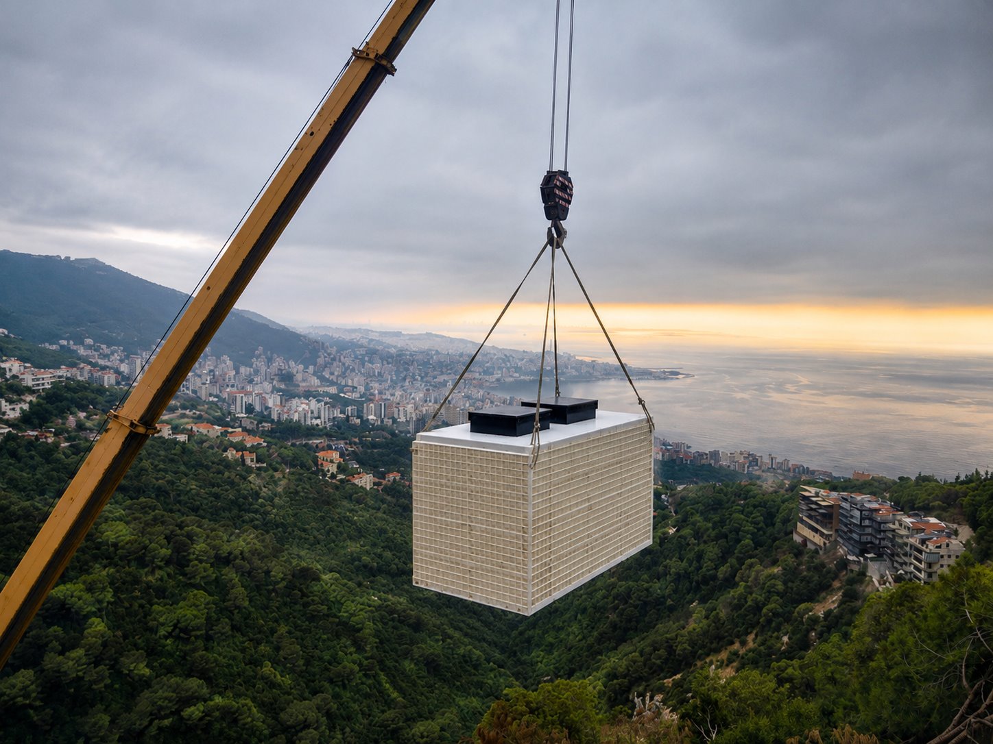 Hy-Treat treatment system being lifted by crane for installation in Lebanon