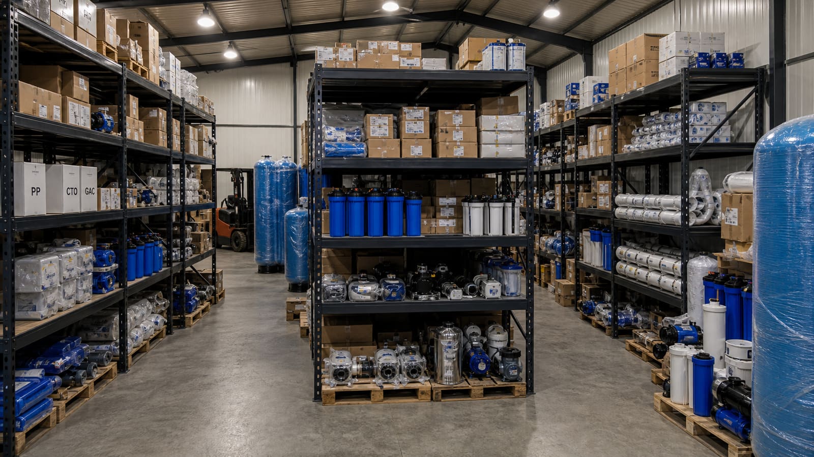 Hy-Treat warehouse inventory of imported water treatment equipment