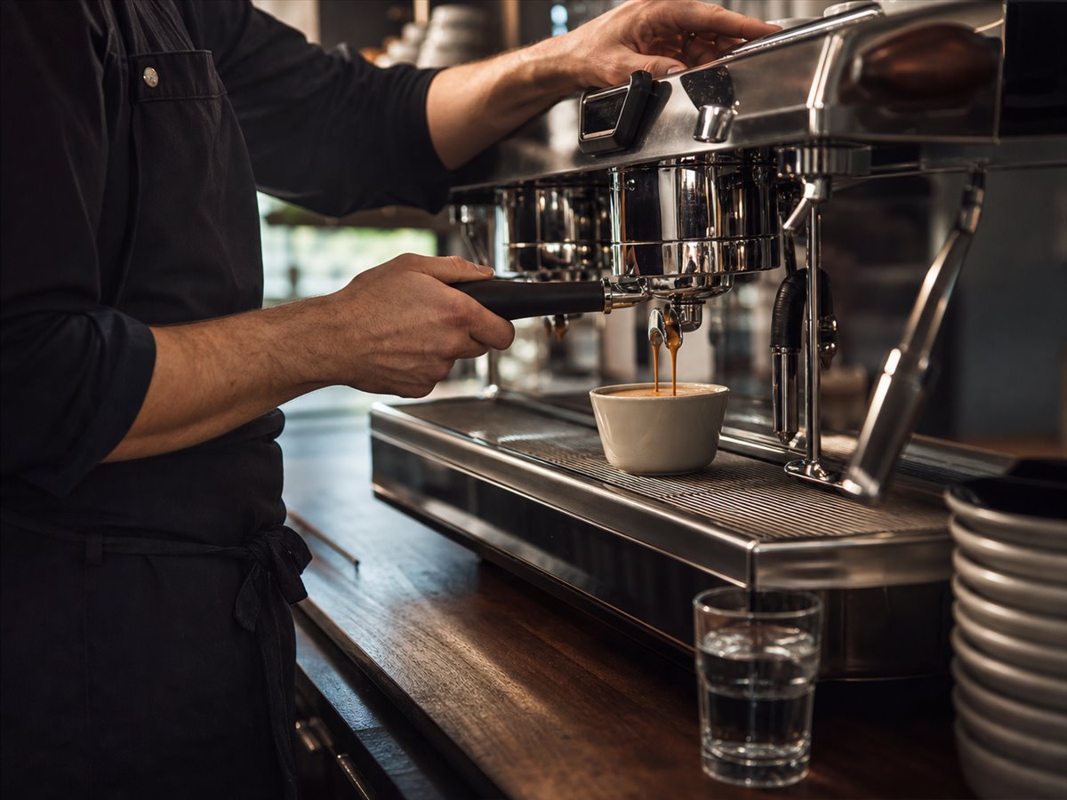 Barista preparing espresso with a glass of water nearby