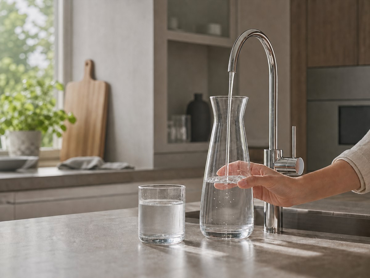 Glass carafe being filled with still drinking water in a home kitchen