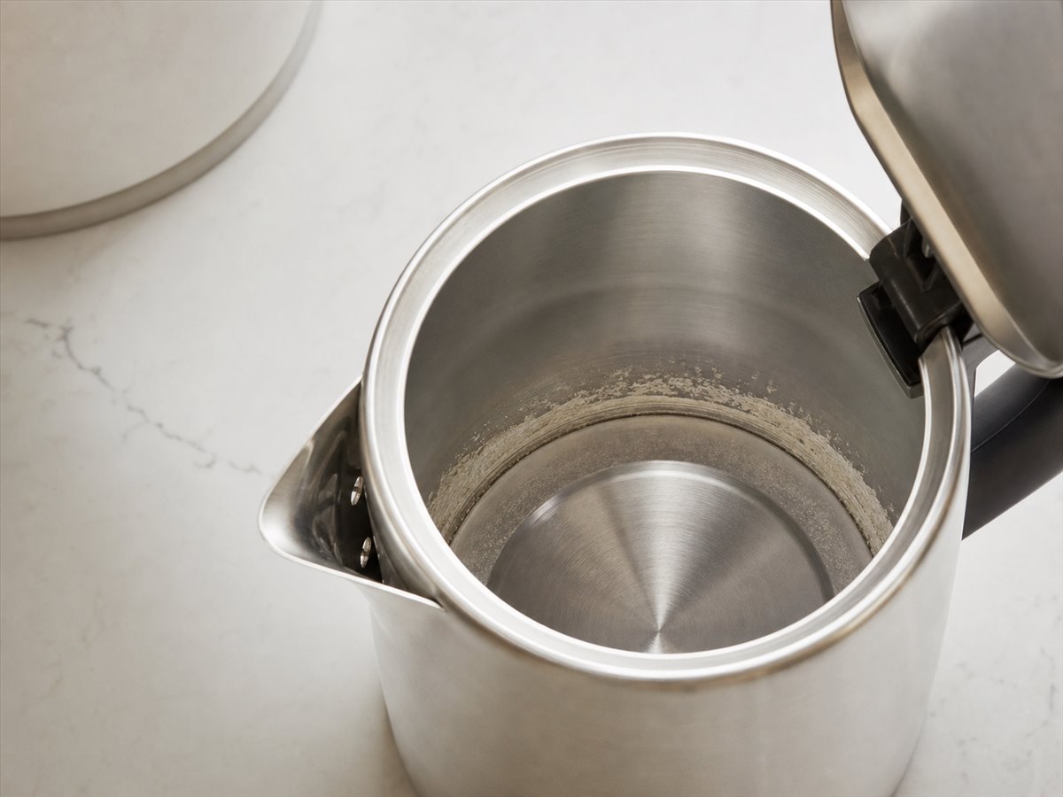 Mineral scale visible inside a stainless steel kettle