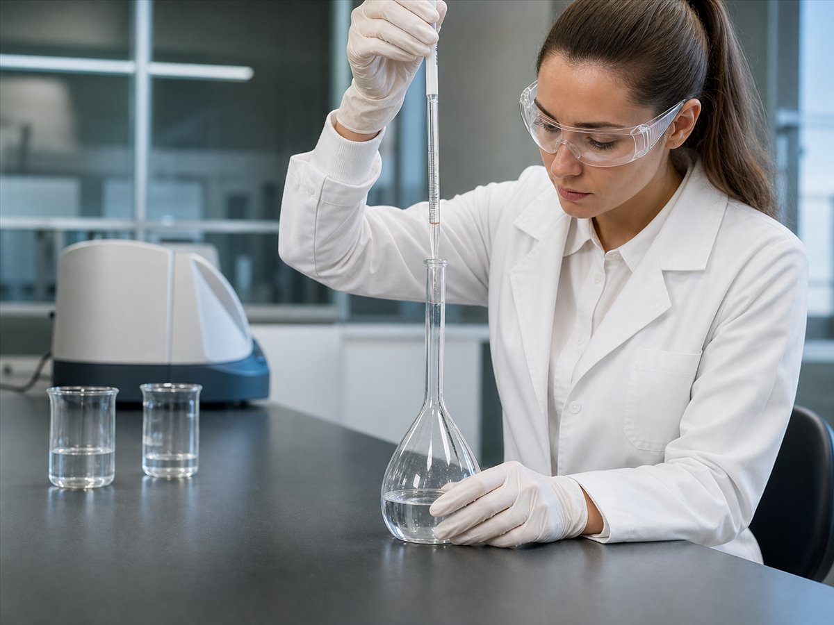 Laboratory technician handling purified water in a volumetric flask