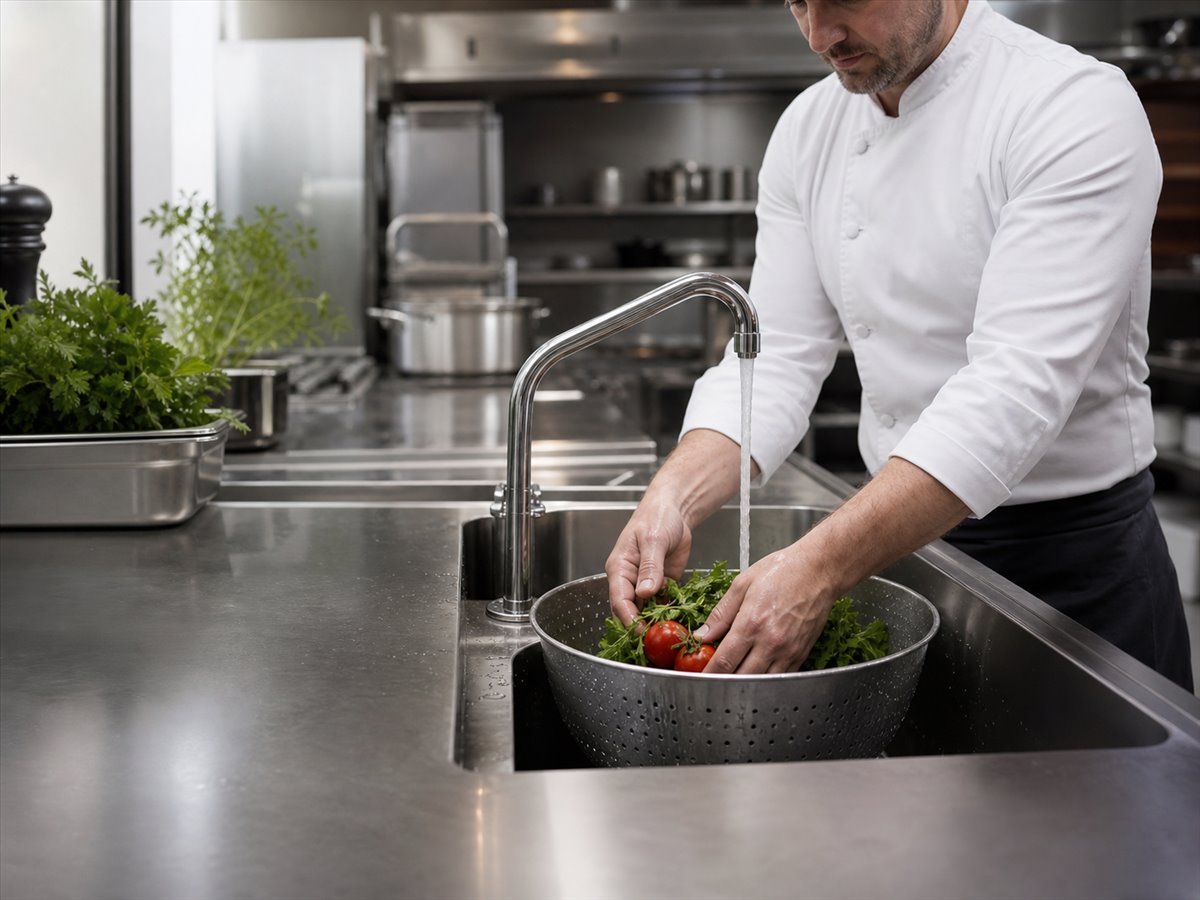 Chef washing fresh produce in a professional kitchen