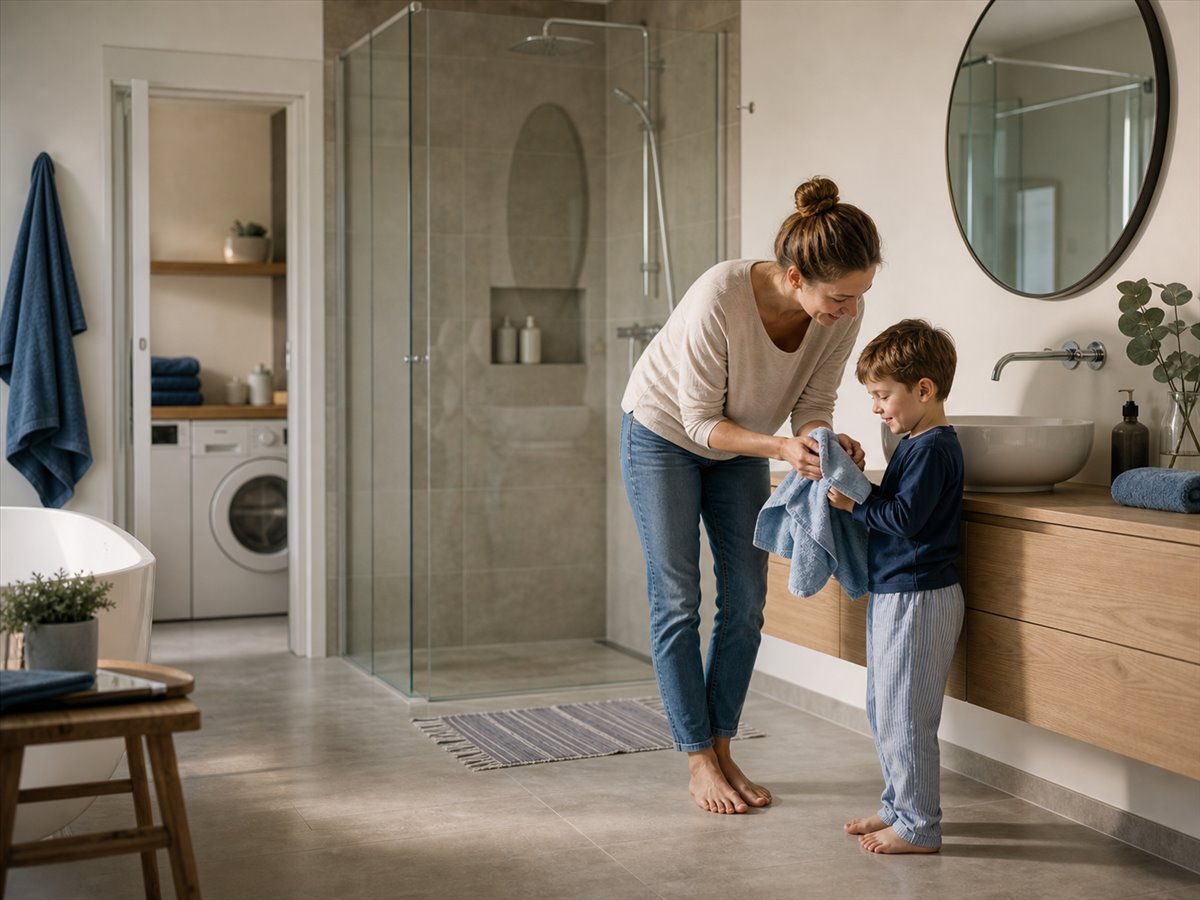 Family using water in a modern home bathroom